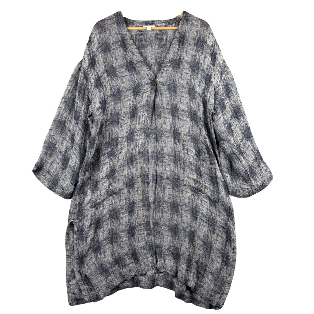 Pure Jill J. Jill Linen Blend V-Neck Tunic Top Blue Gray Plaid Petite Medium